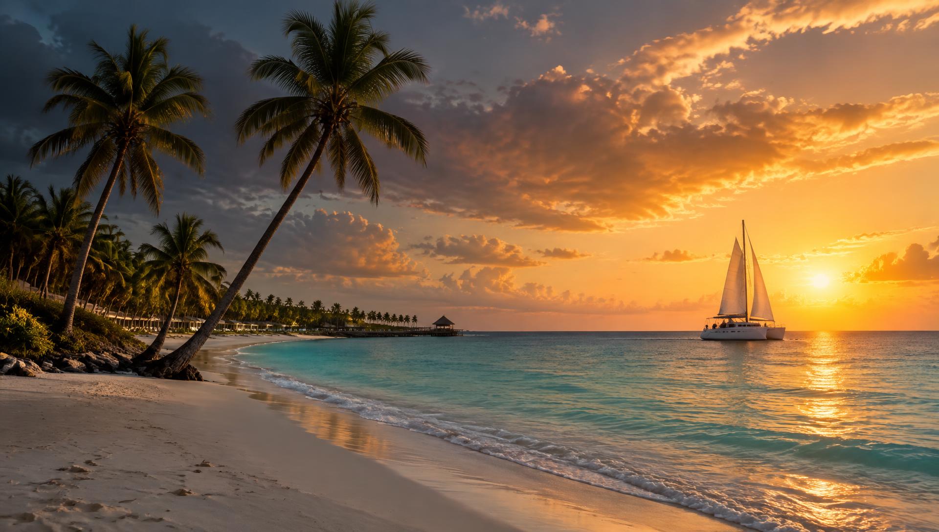Playa paradisíaca del Caribe al atardecer con catamarán